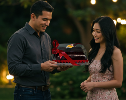 A man and woman are hugging and looking at the cake from The Happy Family Bakery that they gave to the woman for Valentine's Day. Romantic atmosphere.